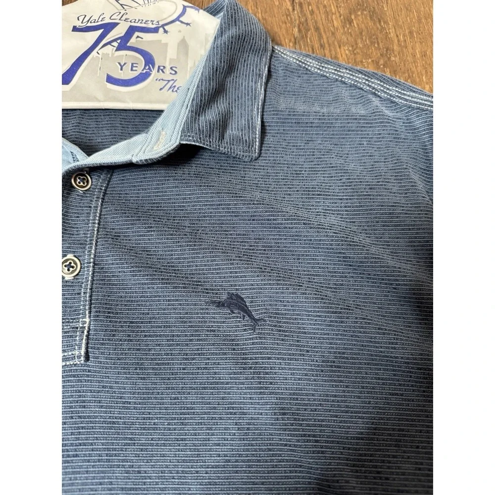 Tommy Bahama XXL Blue Striped Polo Shirt Mens Short Sleeve Marlin Logo Casual